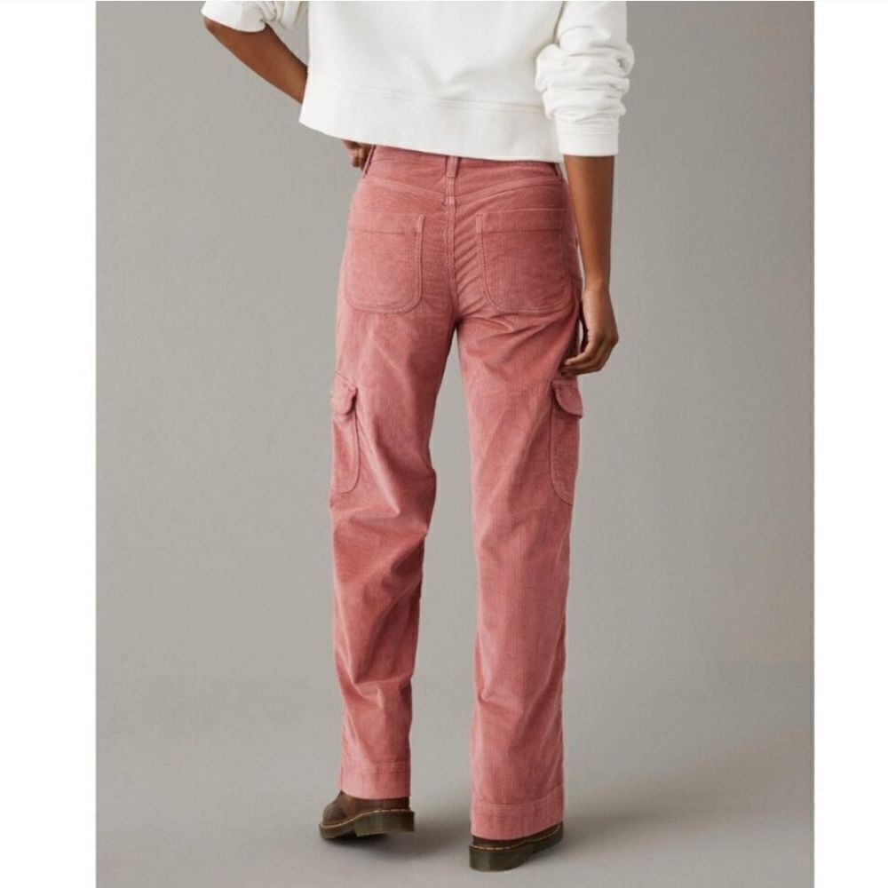 American Eagle Cargo Pants Salmon Pink Corduroy Super High Rise Baggy Wide Leg - Picture 10 of 10